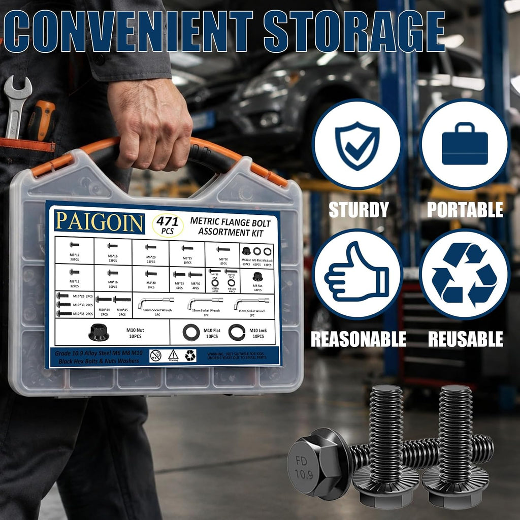 468PCS Black Metric Flange Bolt Assortment Kit with Socket Wrench