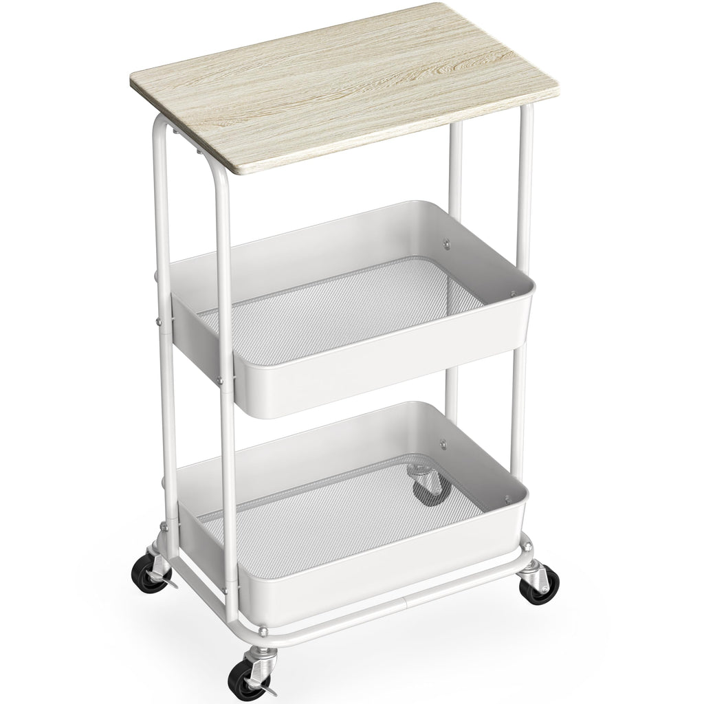 2-Tier Rolling Utility Cart Wood Top/Lockable Wheel, Maple