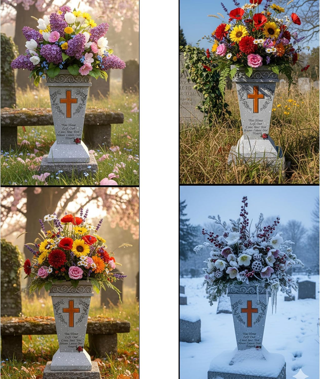 Solar Cemetery Vase with Lighted Cross & 2 Metal Spikes - Heavy Duty Resin Grave Decorations for Cemetery - Windproof