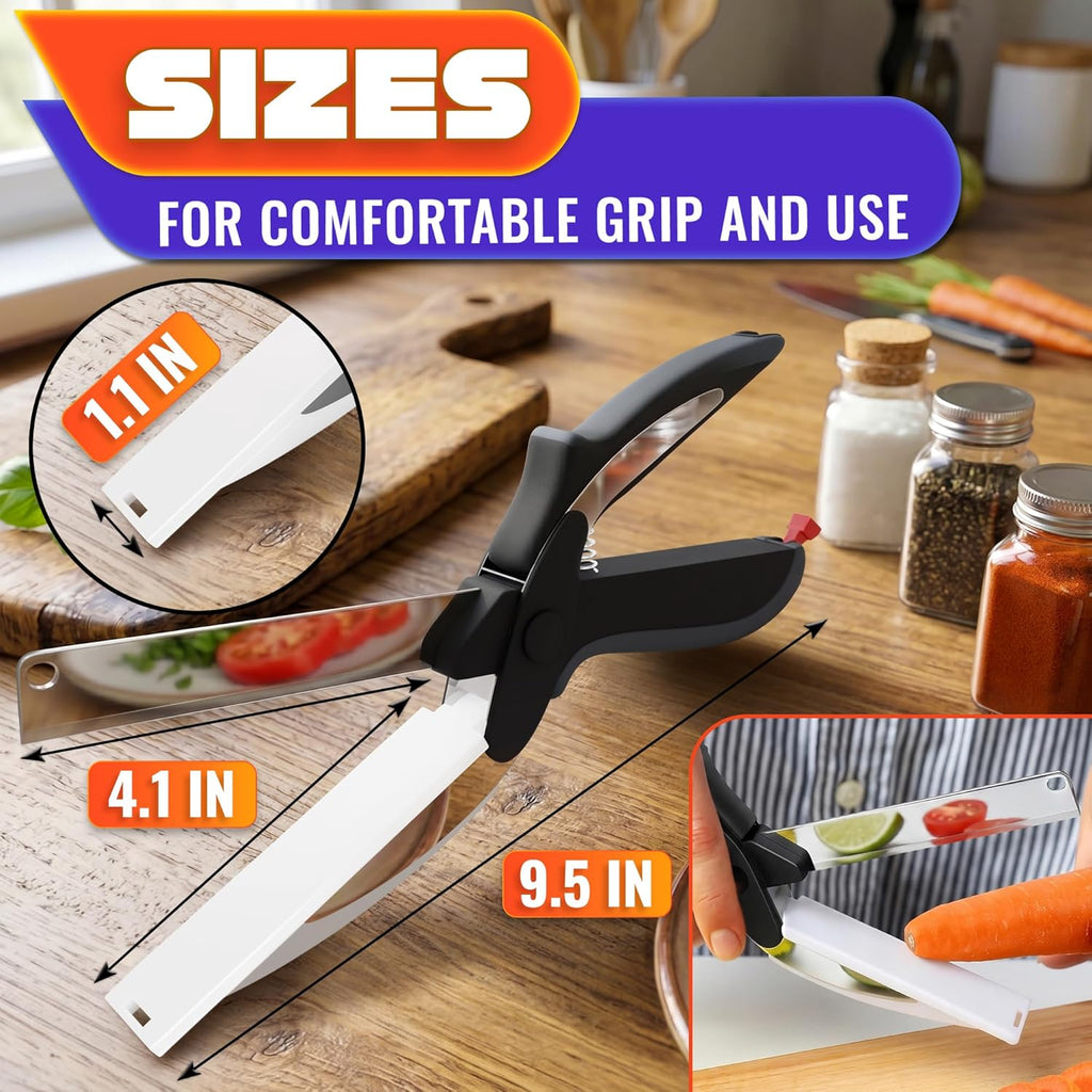 2 in 1 Kitchen Scissors for Food – Stainless Steel 9.5" Tomato Knife Chops Vegetables, Fruit, Cheese, Meat in Seconds