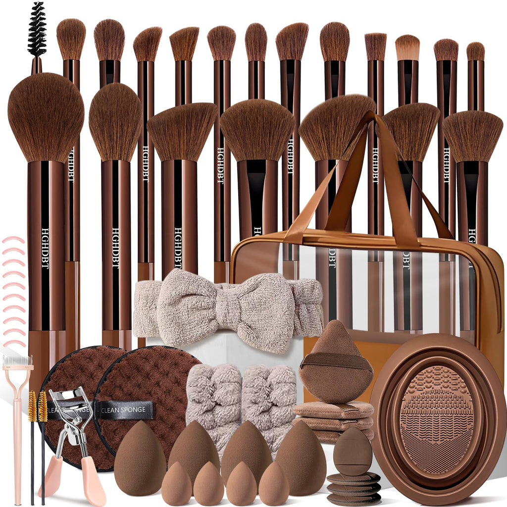 57Pcs Coffee Makeup Brushes Set Professional with Case Premium Synthetic for Foundation Concealer Blush Eye Shadow
