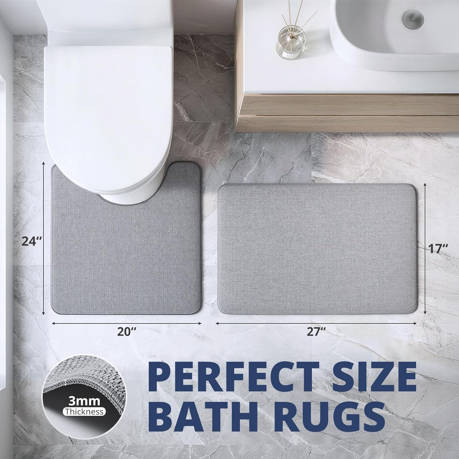 Bathroom Rugs Sets 2 Piece, Thin Bath Mat & U-Shaped Contour Toilet Rug Absorbent Quick Dry, Machine Washable, Non