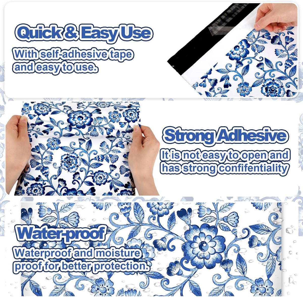 100Pcs Blue White Floral Poly Mailers 10 x 13 Inch Vintage Flower Envelope Mailers Bulk Chinoiserie Self-Sealing