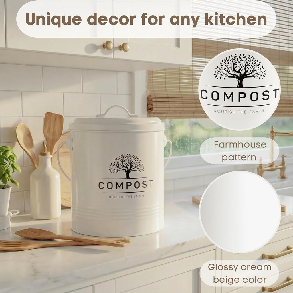 1.3 Gal Kitchen Compost Bin with Lid, Countertop Compost Caddy | Indoor compost bucket with inner bucket liner and