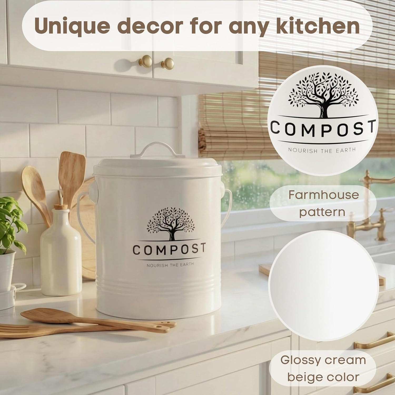 1.3 Gal Kitchen Compost Bin with Lid, Countertop Compost Caddy | Indoor compost bucket with inner bucket liner and