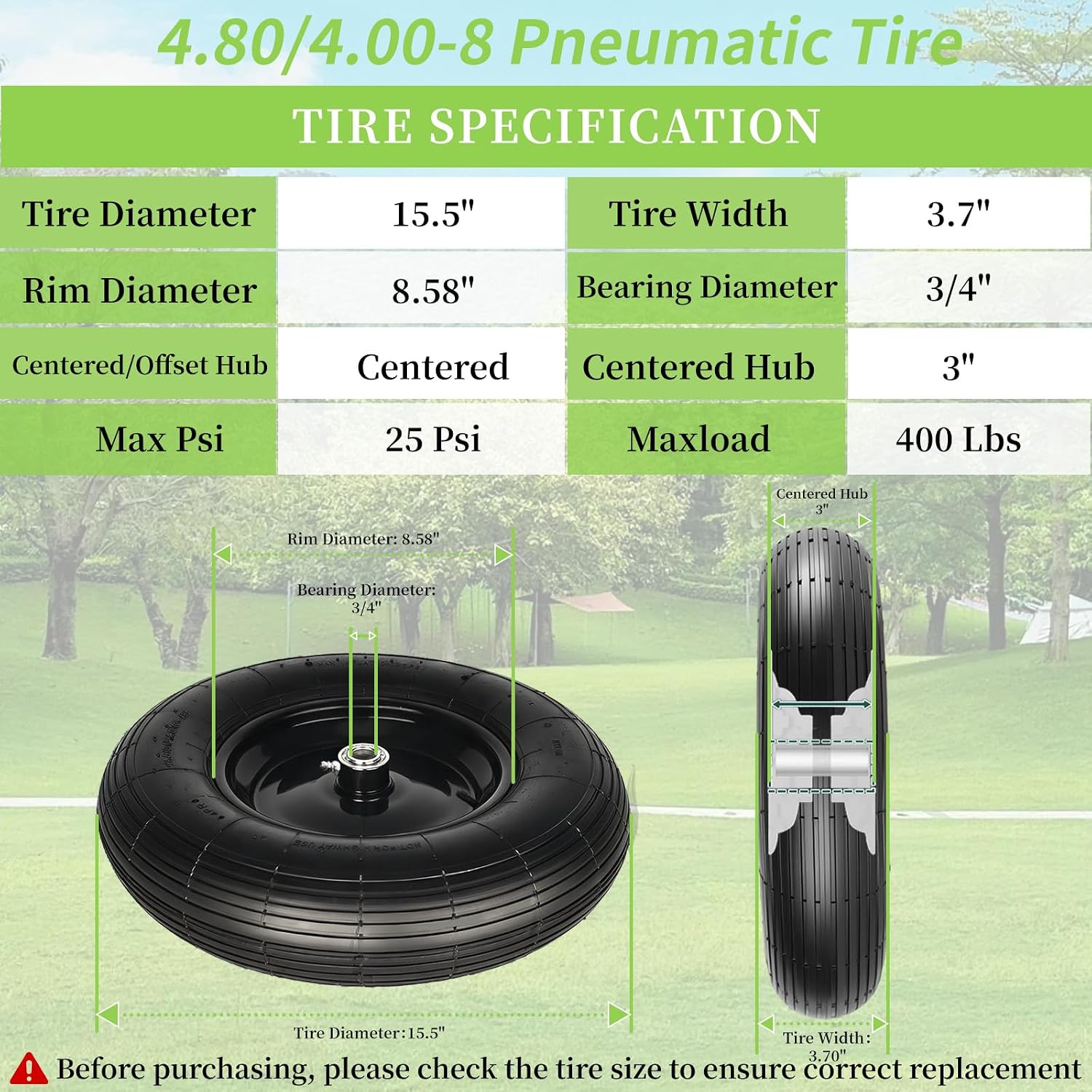 4.80/4.00-8 Tire and Wheel, 16" Pneumatic Wheelbarrow Tires, 2 Pack | Wheel Barrow Wheels and Tires, 3" Centered Hub