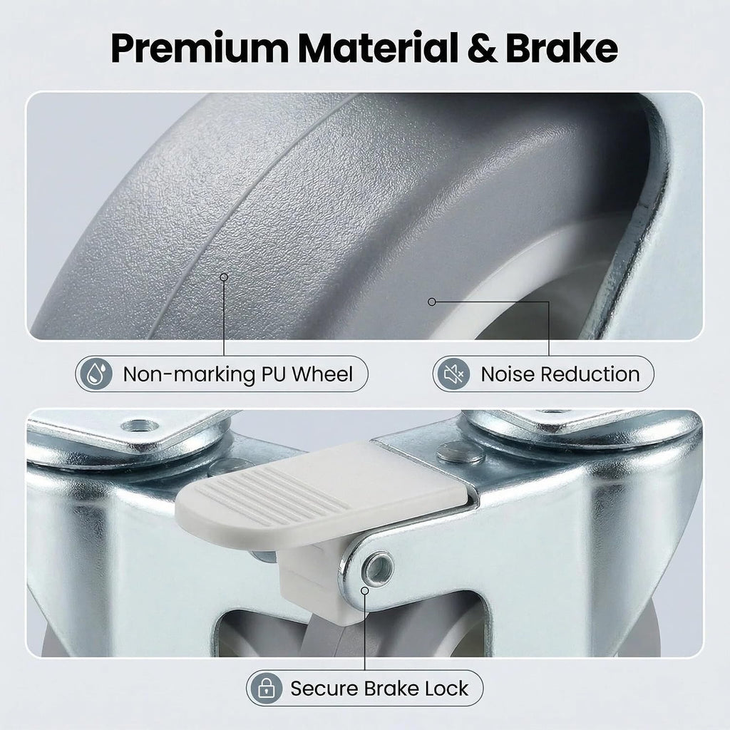 Furniture Wheels 2 Inch - 4 Pack Plate Casters with Brake | Steel Structure with 400LBS Capacity, Quiet Rolling on