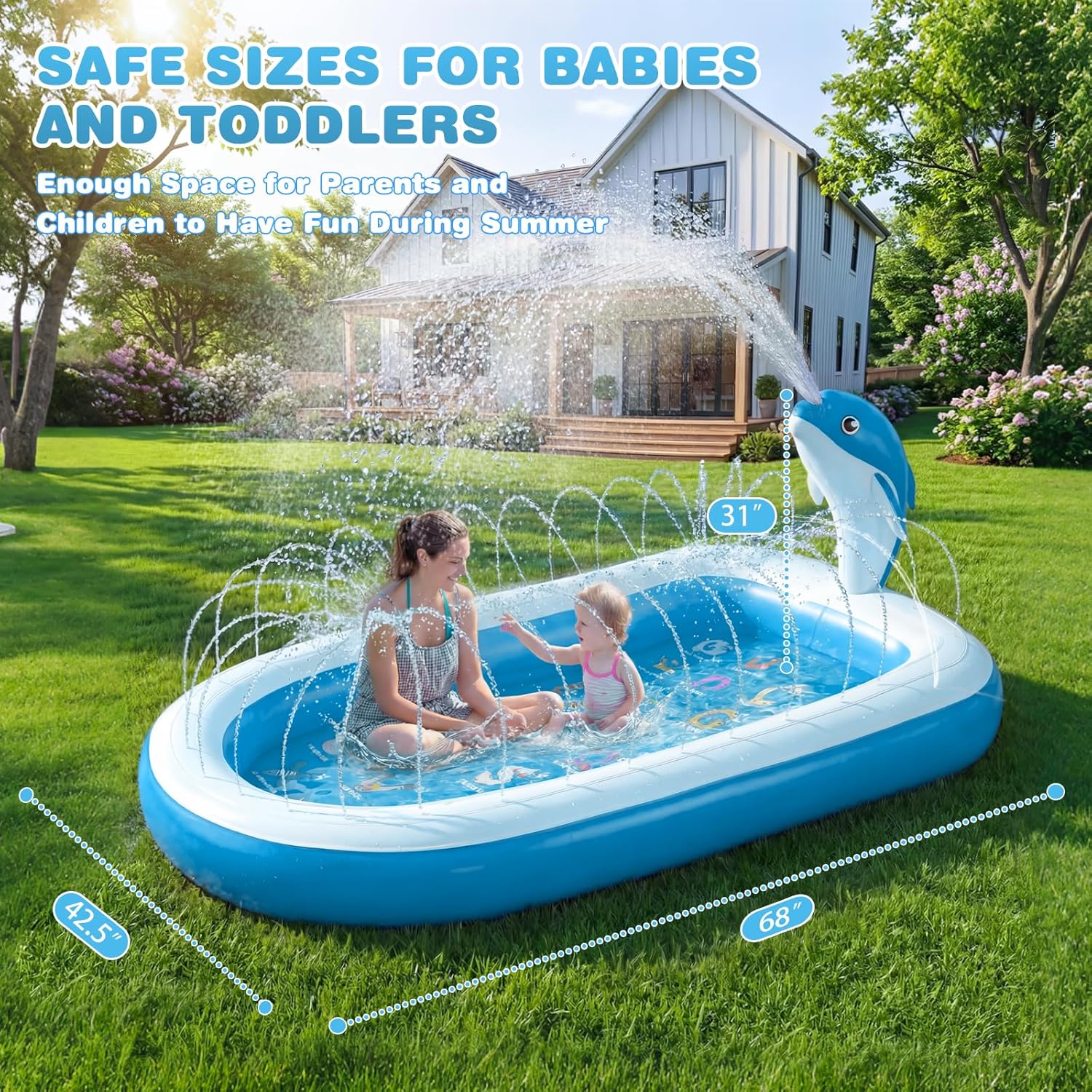 Splash Pads for Toddlers 1-3, Dolphin Toy Sprinkler for Kids, Outdoor Play Mat for Babies, 68" Backyard Inflatable