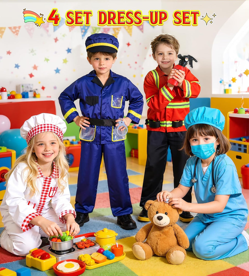 Dress Up Clothes for Kids Pretend Role Play Costumes Trunk | Toddlers Dress Up Costumes with Fireman Police Doctor