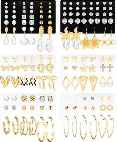 84 Pairs Gold Stud Earrings Set for Women Multipack, Fashion Pearl Cubic Zirconia Butterfly Earrings Packs Piercings