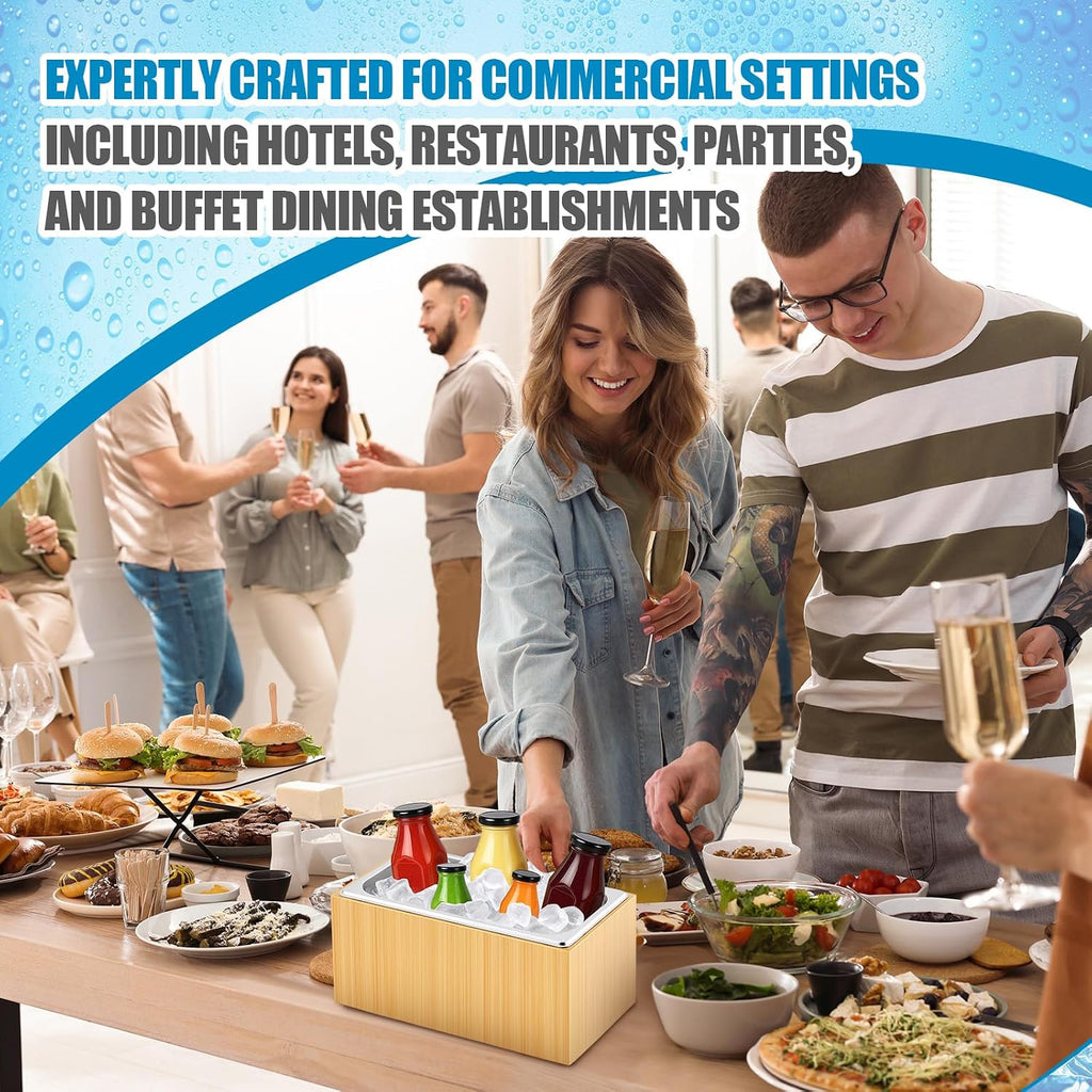 Medium Bamboo Ice Bin with Removable Steel Tray for Party Buffet Drinks