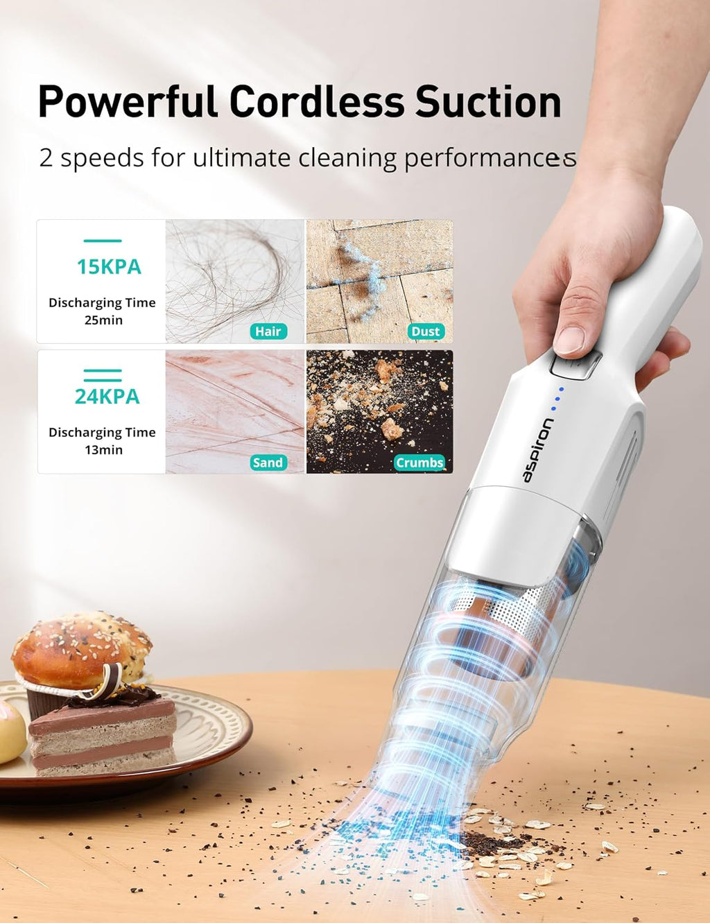 Cordless Handheld Vacuum, 24KPA Powerful Car Vacuum, 2-Speed, 2 Charging Methods, Wireless Charger, Ergonomic Handle