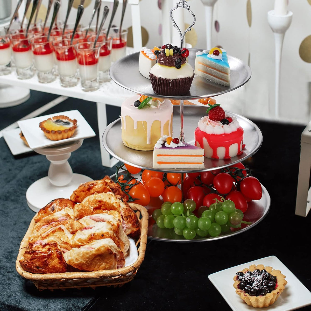 2 Pack 3 Tier Cupcake Stand Serving Tray Metal,Silver