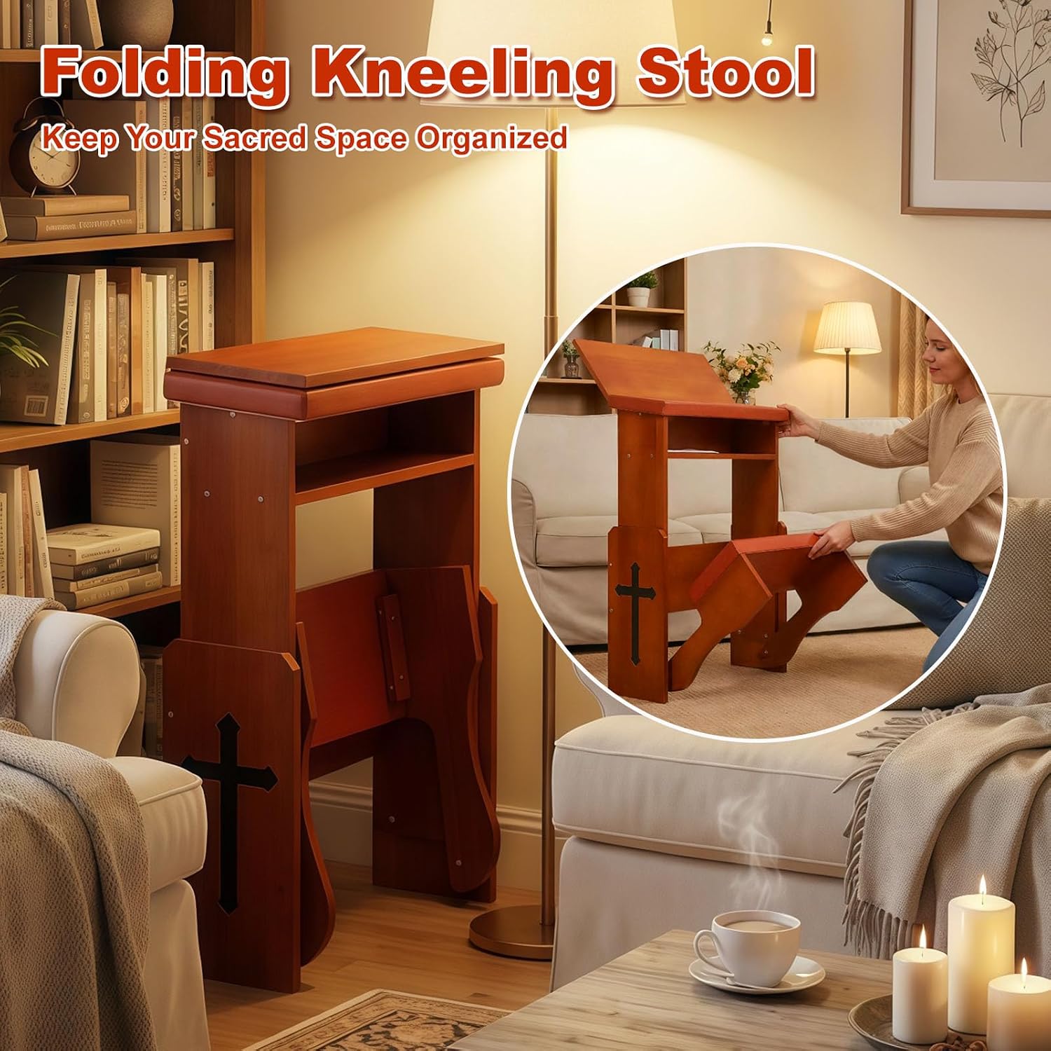 Folding Prayer Kneeler Bench, Adjustable Wooden with Bookshelf