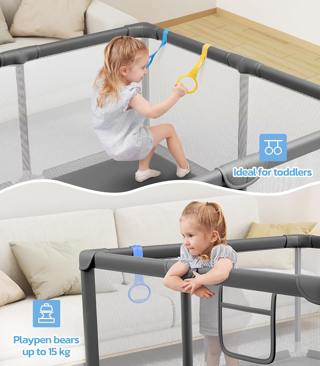 Baby Playpen, 47"x47" Small Play Pen for Babies, Grey | Breathable Visible Mesh, Anti-Fall Design, Easy Setup
