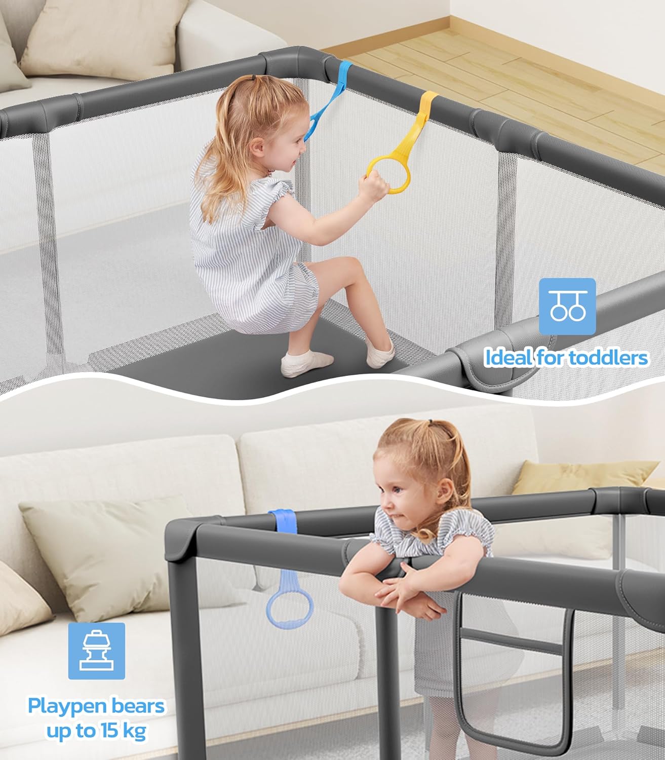 Baby Playpen, 47"x47" Small Play Pen for Babies, Grey | Breathable Visible Mesh, Anti-Fall Design, Easy Setup