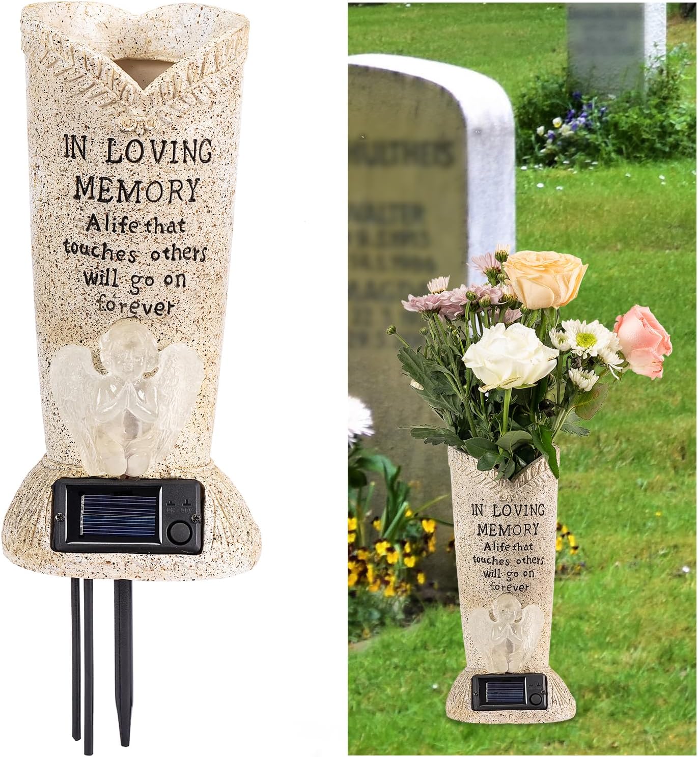 Solar Memorial Cemetery Flower Vase with LED for Fresh/Artificial Cemetery Grave Decorations Angel Statue Vase with