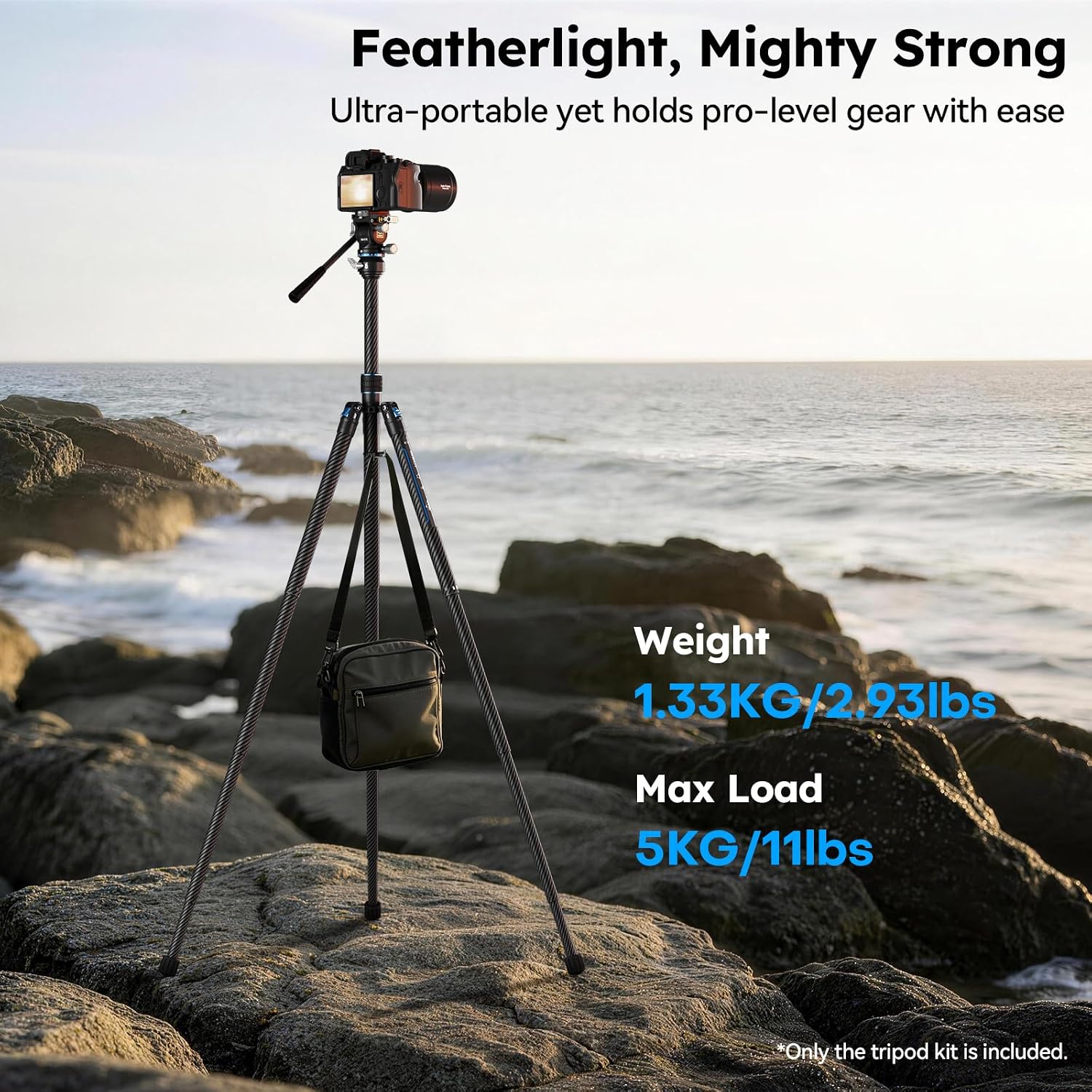 Traveler Air-T Carbon Fiber Travel Tripod, KV-10 Fluid Head, 61" | 8° Leveling Base, 11LB Load, 360° Pan, ±90° Tilt