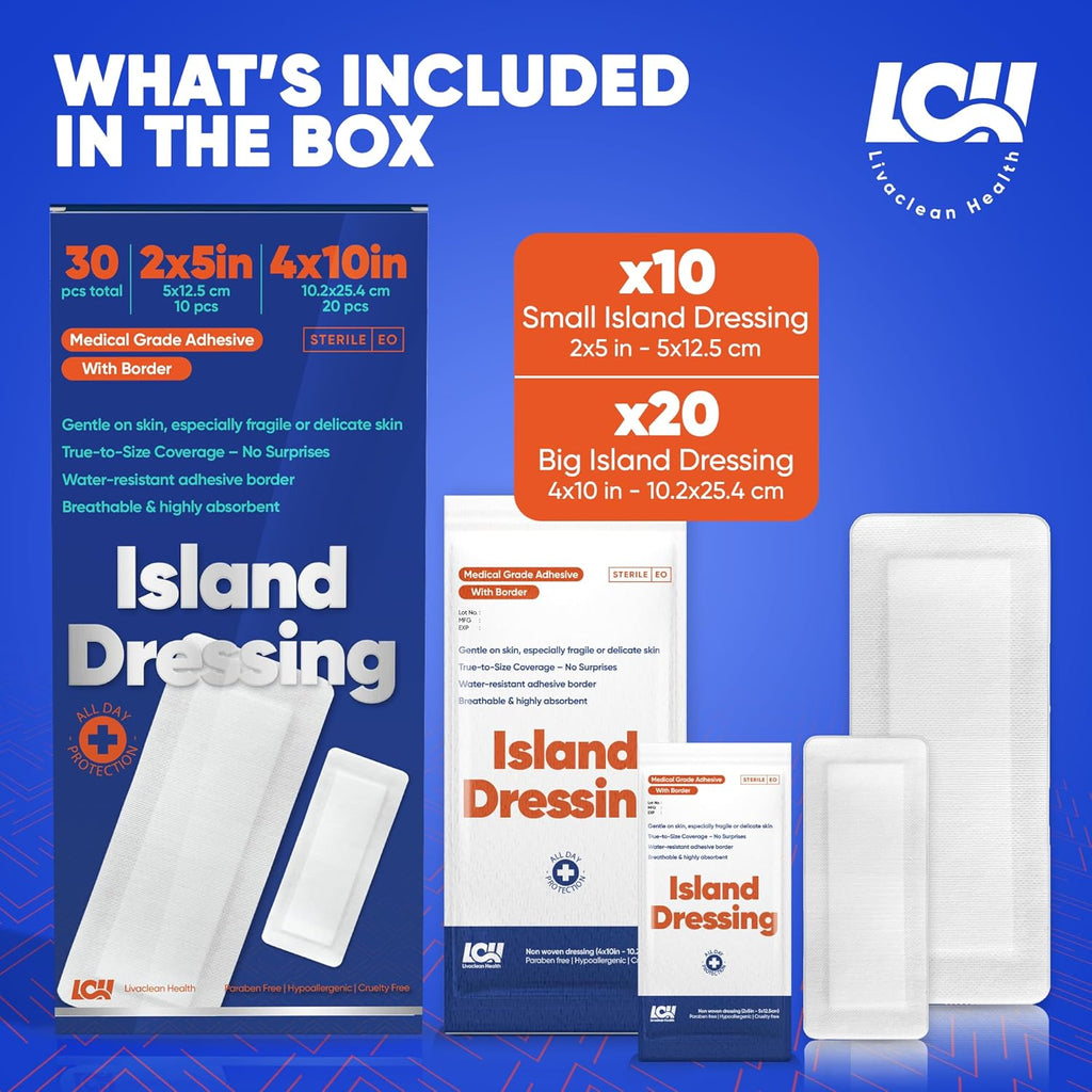 30CT Island Dressing, 2 Sizes 2"x5" & 4"x10" | Bordered Gauze With Adhesive Border | Hypoallergenic Adhesive Gauze