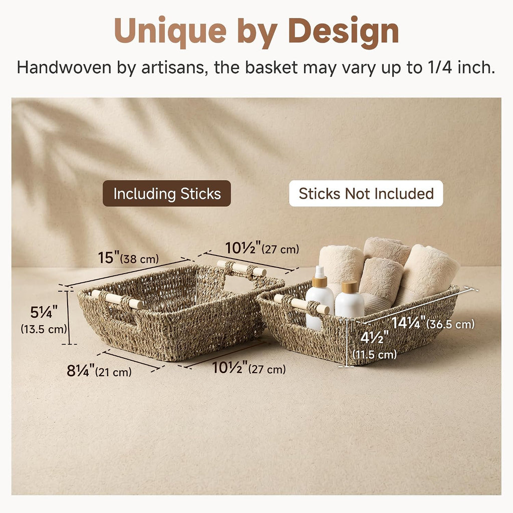 Hand-Woven Large Storage Baskets with Wooden Handles, Seagrass Wicker Baskets for Organizing, 2-Pack