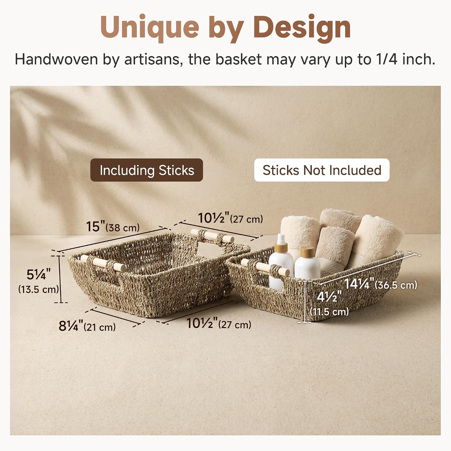 Hand-Woven Large Storage Baskets with Wooden Handles, Seagrass Wicker Baskets for Organizing, 2-Pack