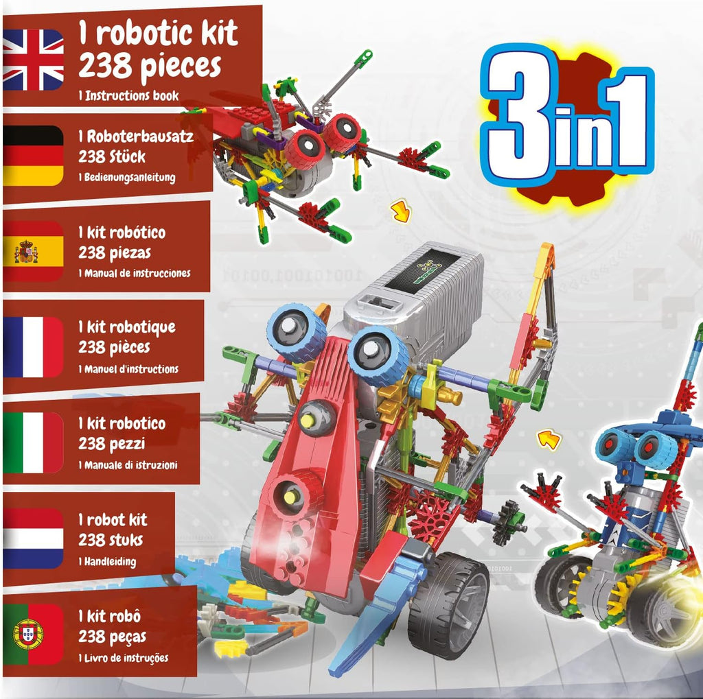Robotics Alfabot - Robot Building Kit for Kids, 238 Pieces - Build Your Own Robots and Make Them Move - 3 Different