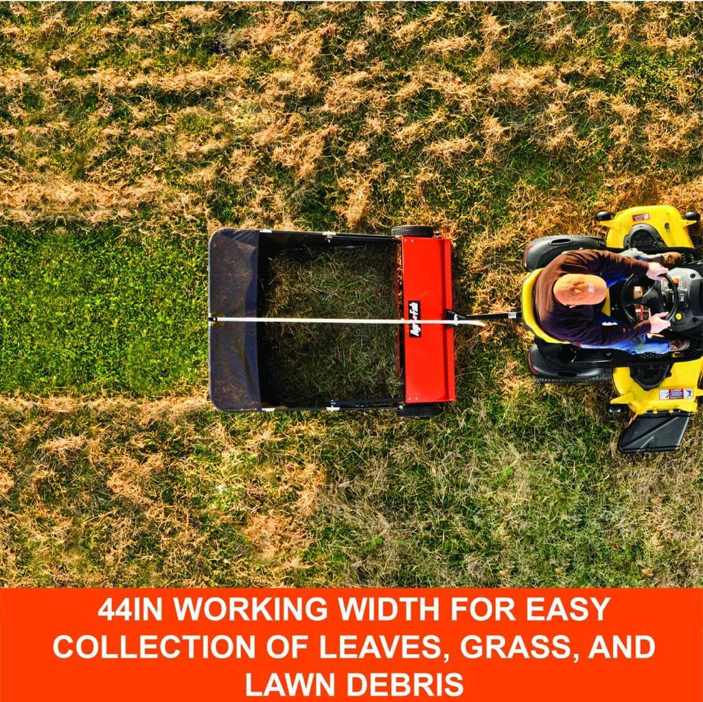 44 In Tow-Behind Lawn Sweeper with 28 Cu Ft Flow-Through Hopper Bag, Adjustable Brush Height, and Dump From Seat Handle