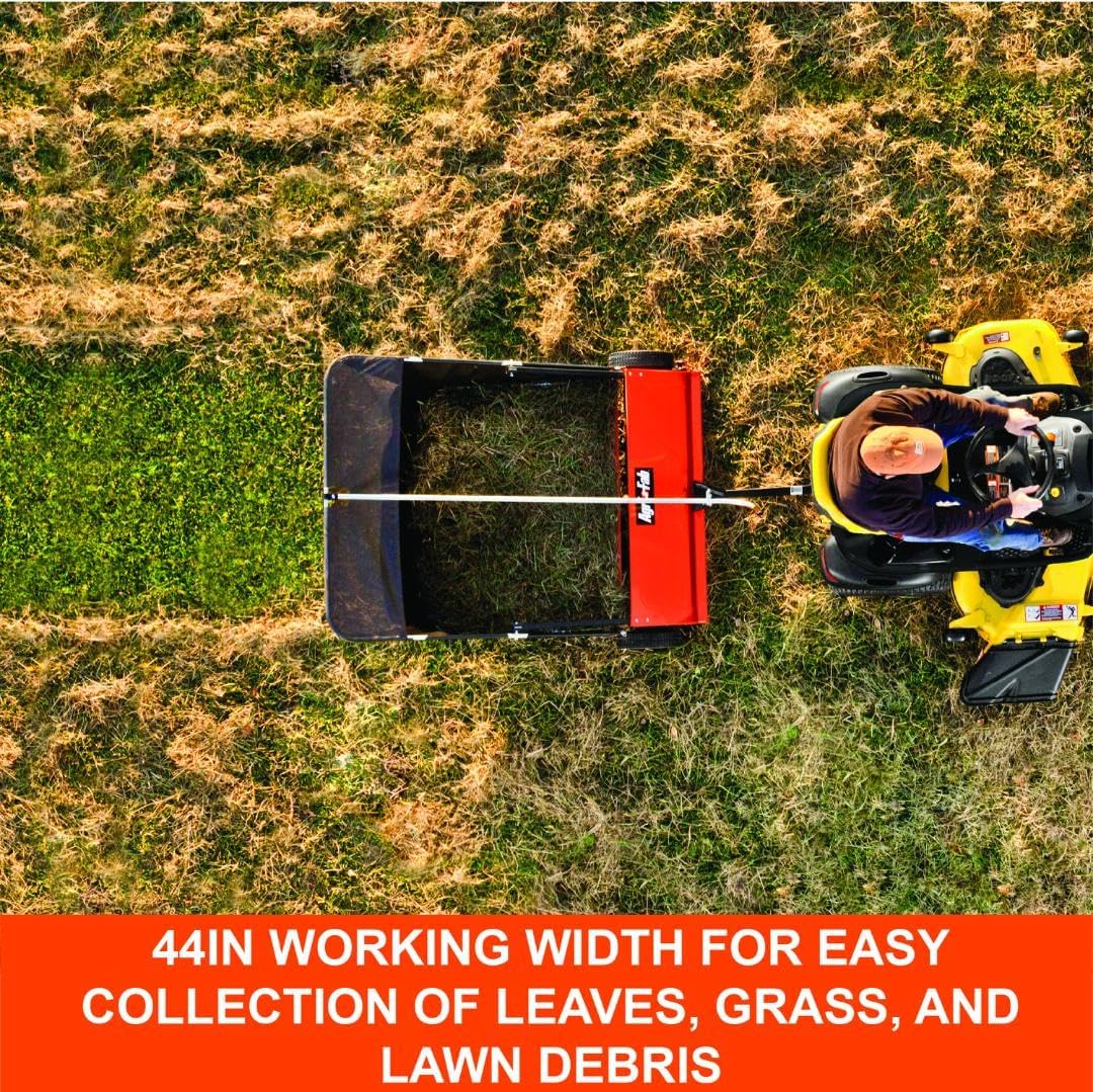 44 In Tow-Behind Lawn Sweeper with 28 Cu Ft Flow-Through Hopper Bag, Adjustable Brush Height, and Dump From Seat Handle