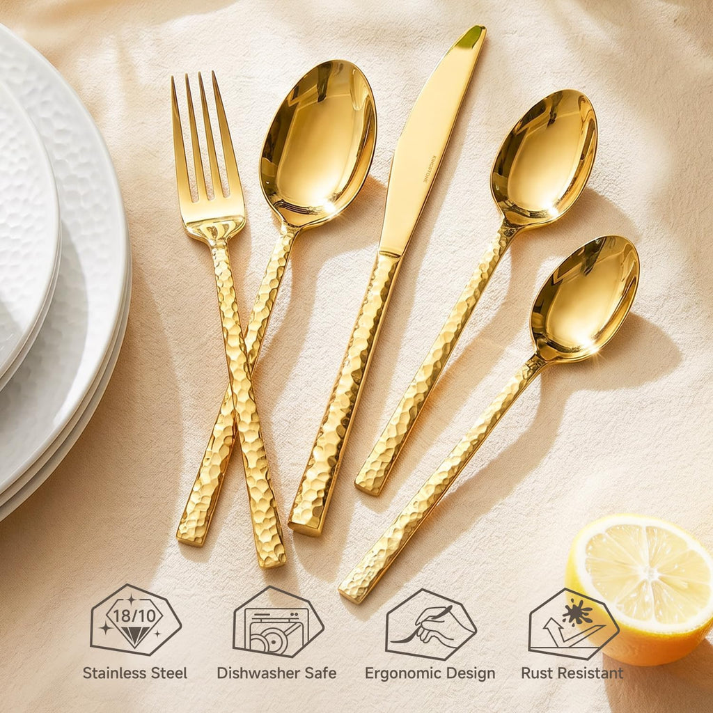 40 Piece Gold Silverware Set, 18/10 Stainless Steel Hammered Flatware for 8