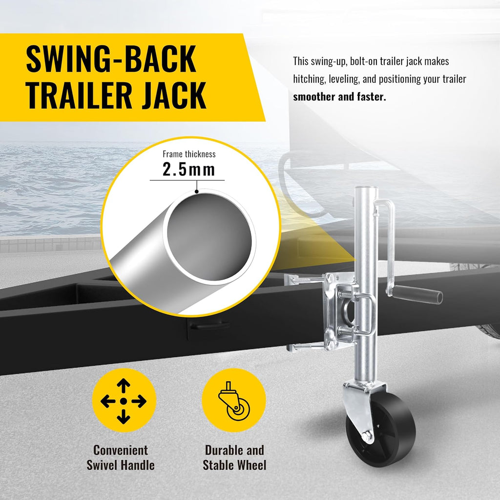 10" Lift Swing Back Trailer Jack - 1,000 lb Capacity Heavy Duty Bolt-On Trailer Tongue Jack with 6" Smooth-Rolling