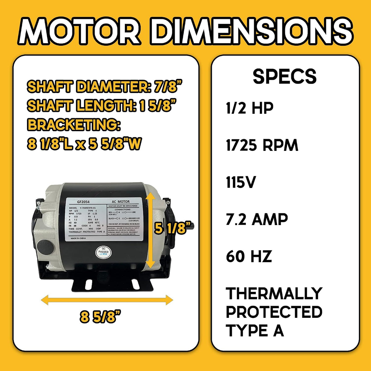 1/2 HP Belt Drive Blower Motor GF2054, 115V 1725 RPM, 48 Frame