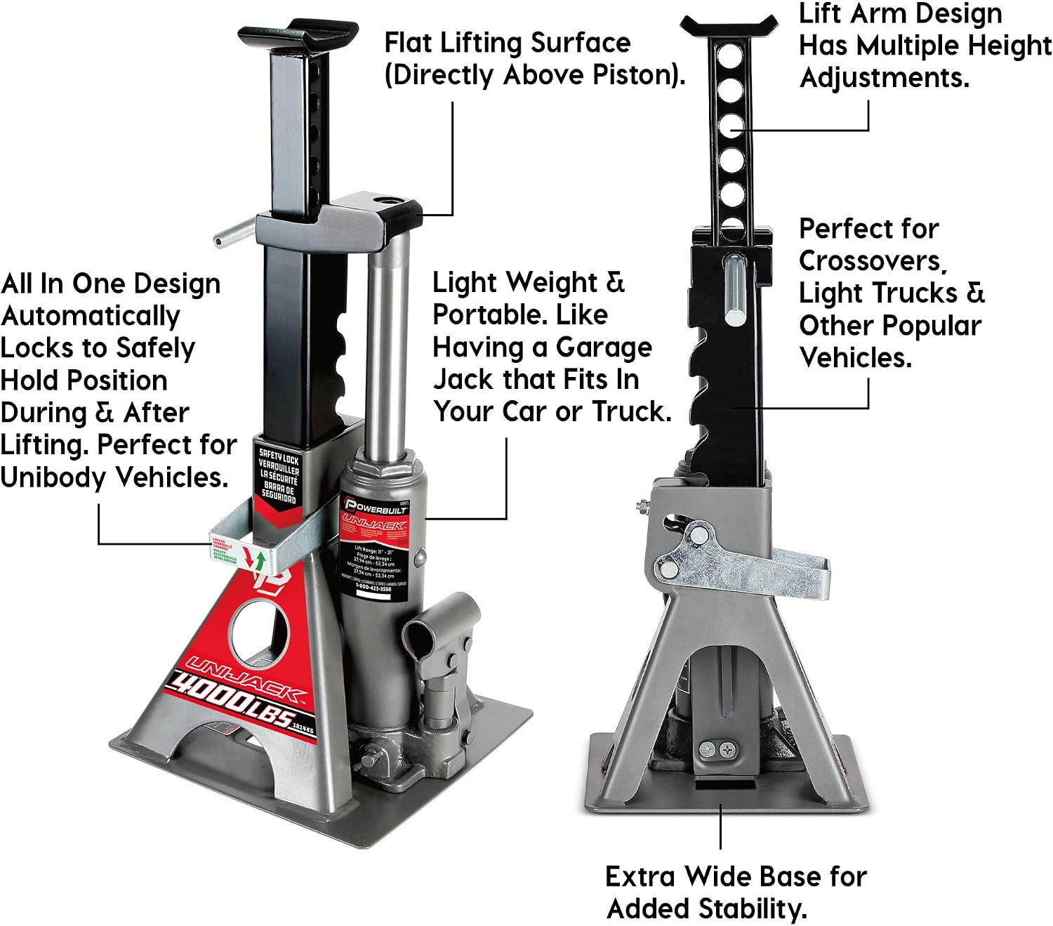 2 Ton UniJack Combination Hydraulic Bottle Jack / Jackstand in 1 Unit, Compact, Portable, Wide Base, for Unibody