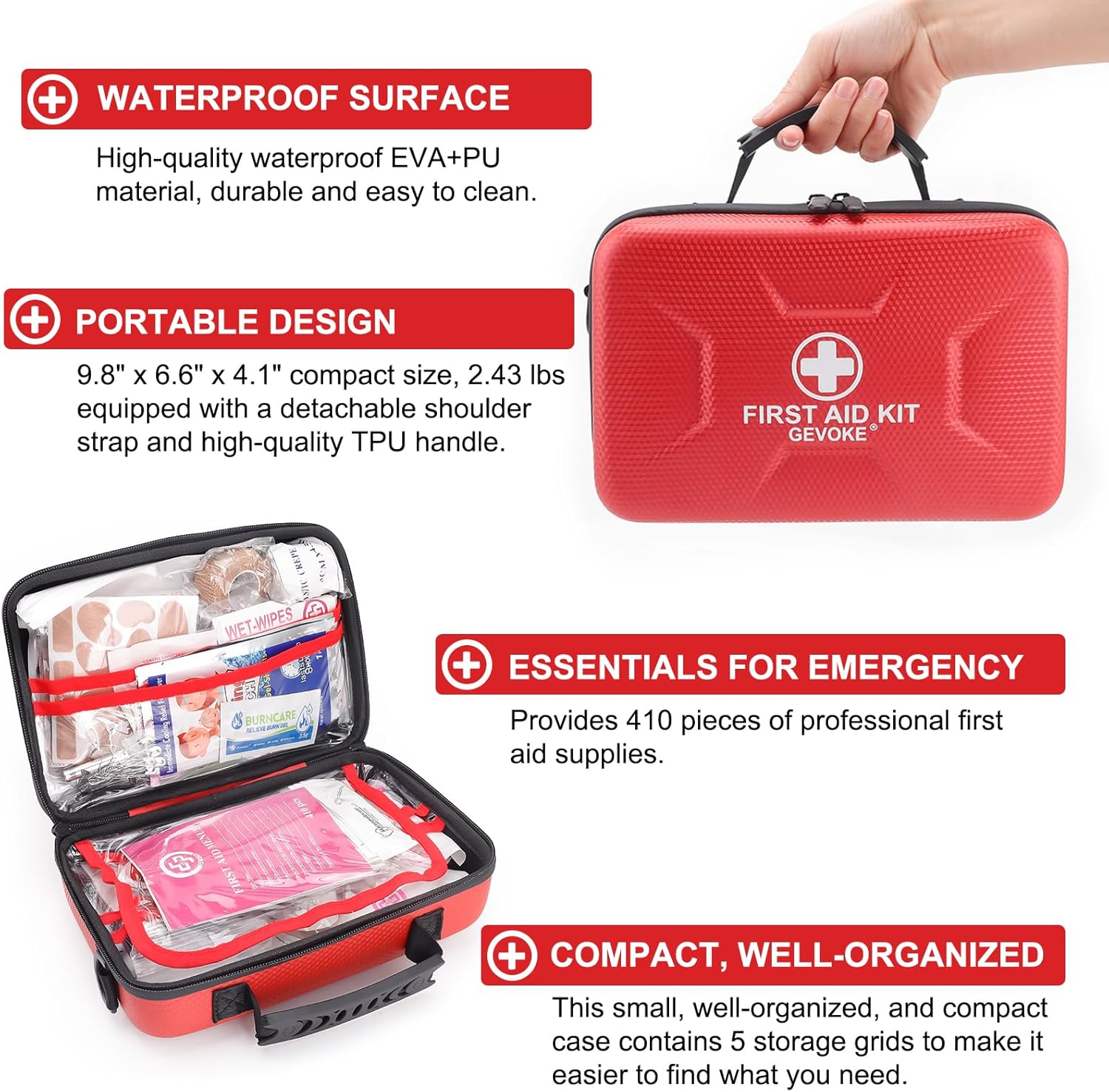 410 Piece Waterproof Hard Shell First Aid Kit for Home, Car, Travel, Camping, Truck, Hiking, Sports, Office, Vehicle