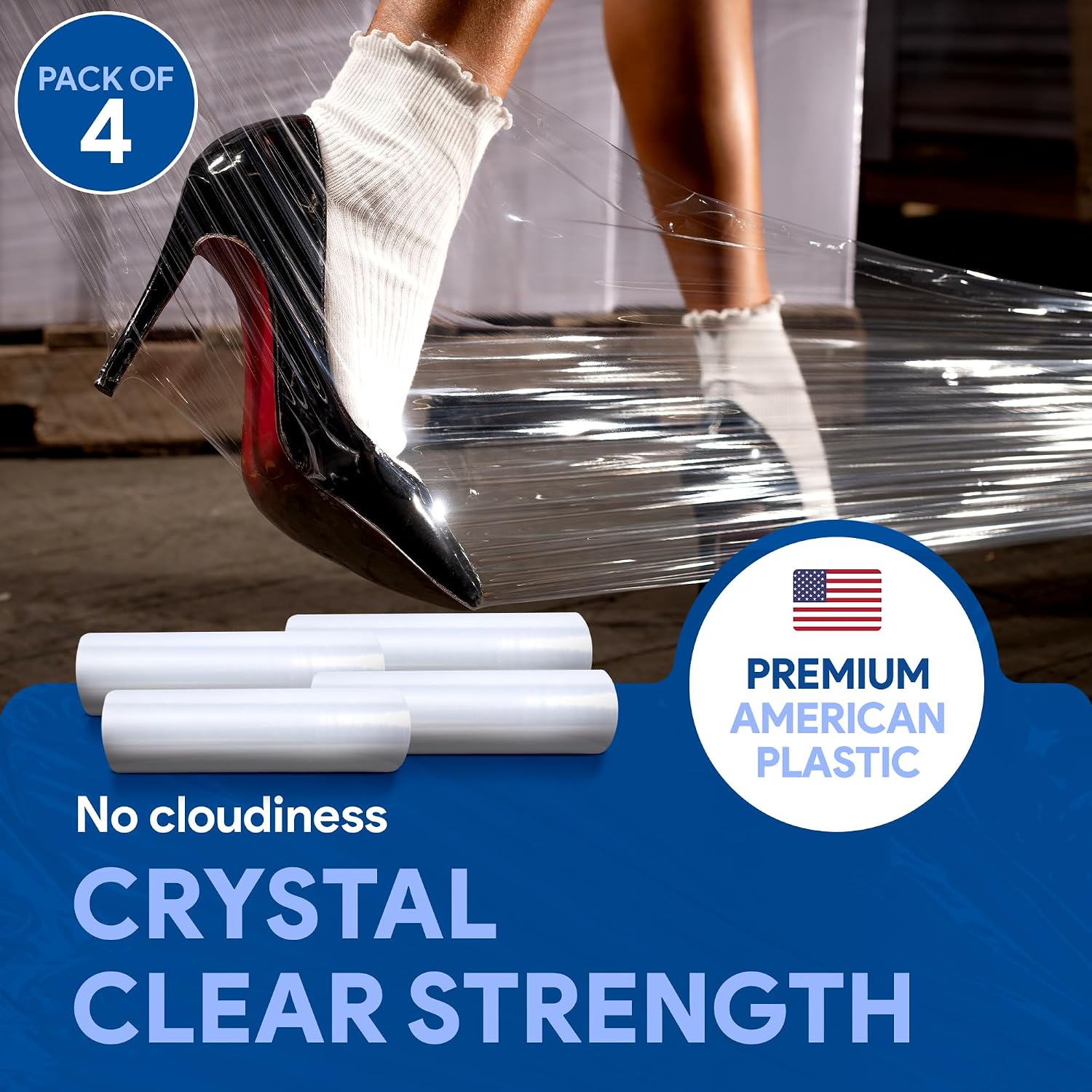 4 Pack of 18" Plastic Stretch Film Wrap 1200 feet Each 500% Stretch Ability
