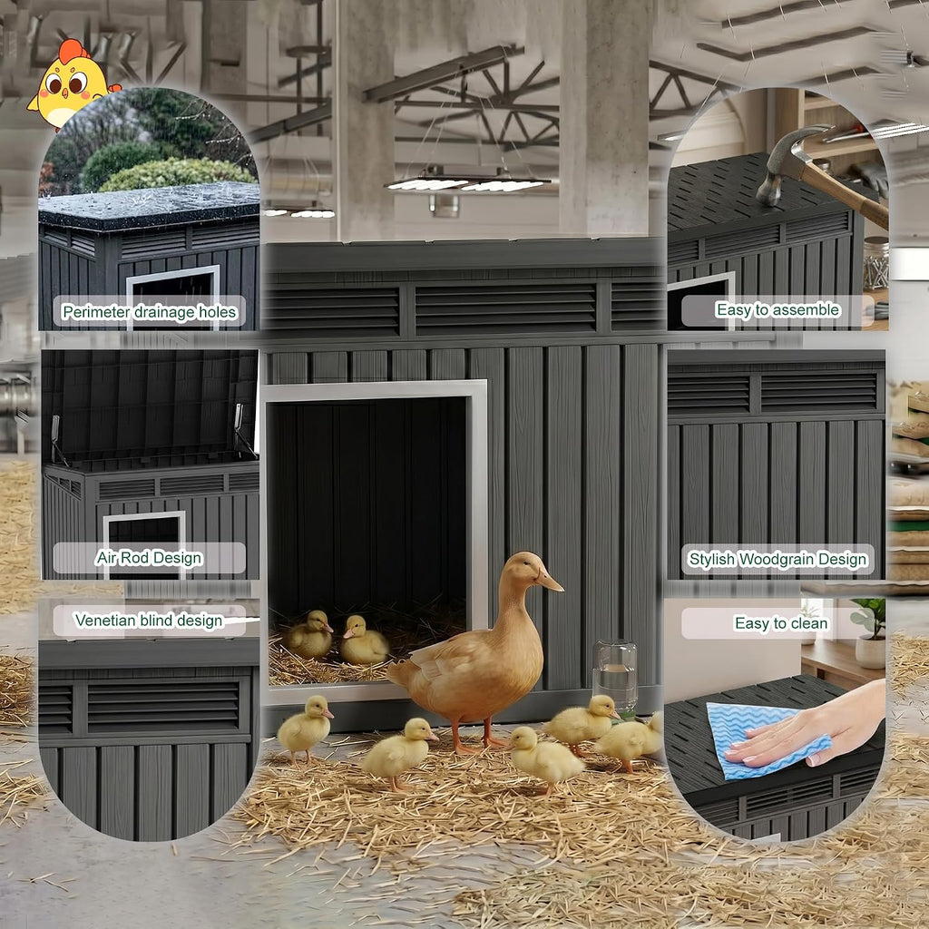 43'' Large Outdoor Duck House with Hydraulic Air Rod, Resin Duck Coop with Elevated Floor and Air Vents, Backyard