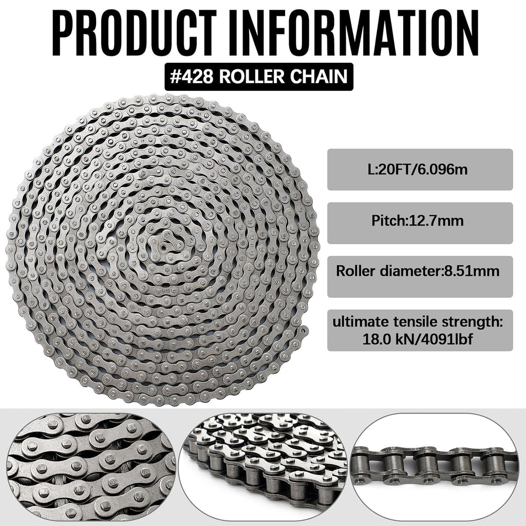 Tandefio #428 20 ft Roller Chain for Gate Openers, Carbon Steel, 2 Links
