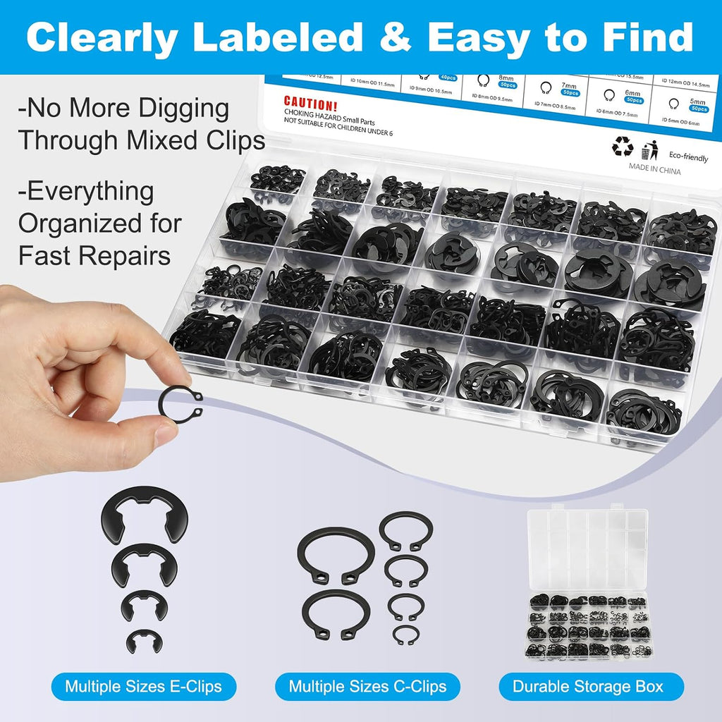 840Pcs C Clips & E Clips Assortment Kit, External Retaining Snap Rings