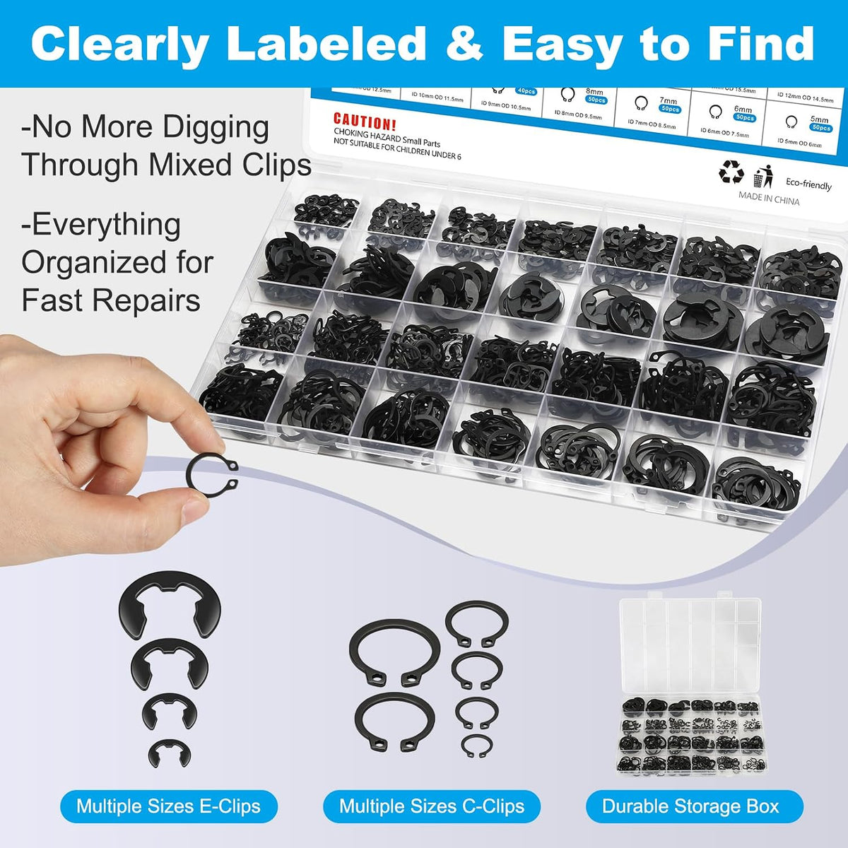 840Pcs C Clips & E Clips Assortment Kit, External Retaining Snap Rings