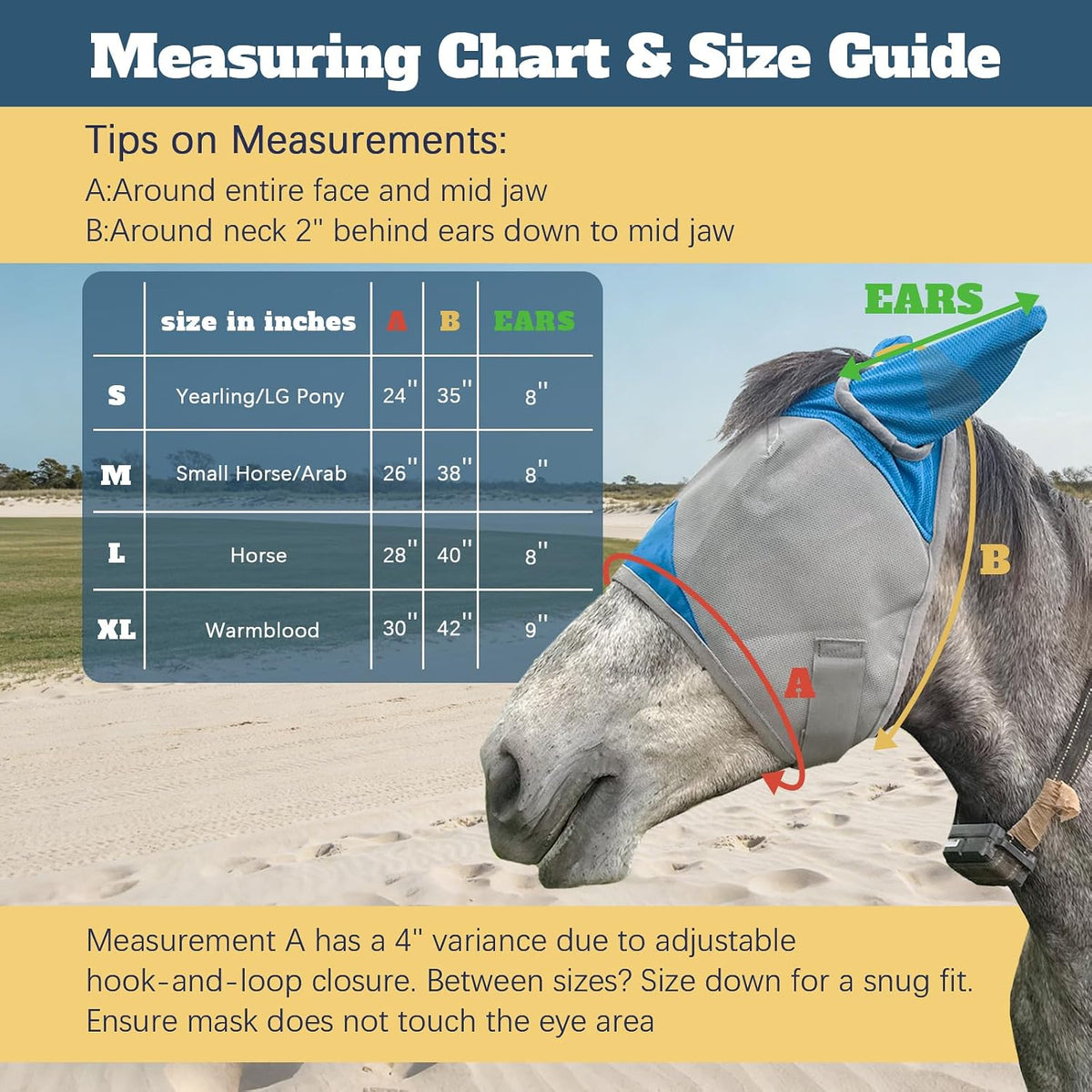 Horse Fly Mask with Ears, Breathable UV Protection Mesh, Large Eye Space No Rubbing, Soft Fleece Trim, Adjustable