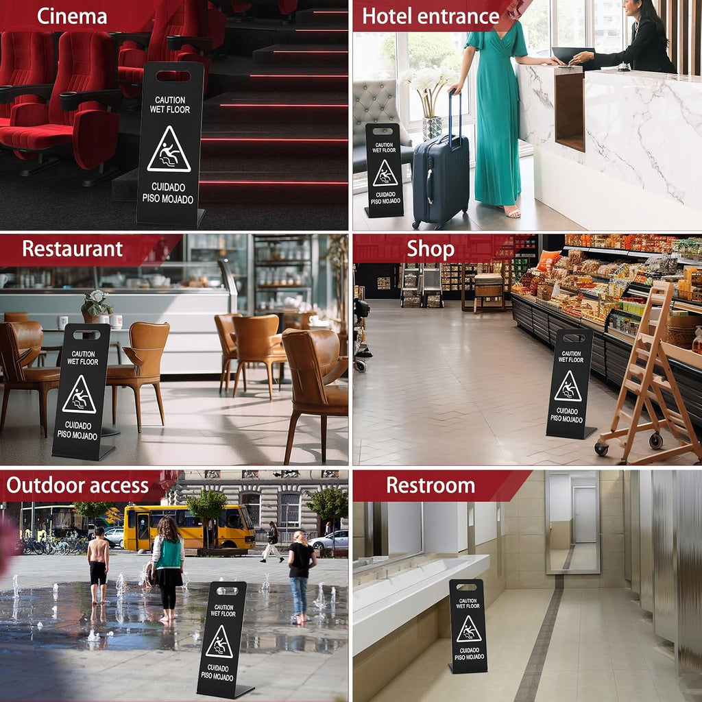 2 Pcs Stainless Steel Caution Wet Floor Sign 22 Inch Heavy Duty Bilingual Wet Floor Sign Portable L-frame Safety