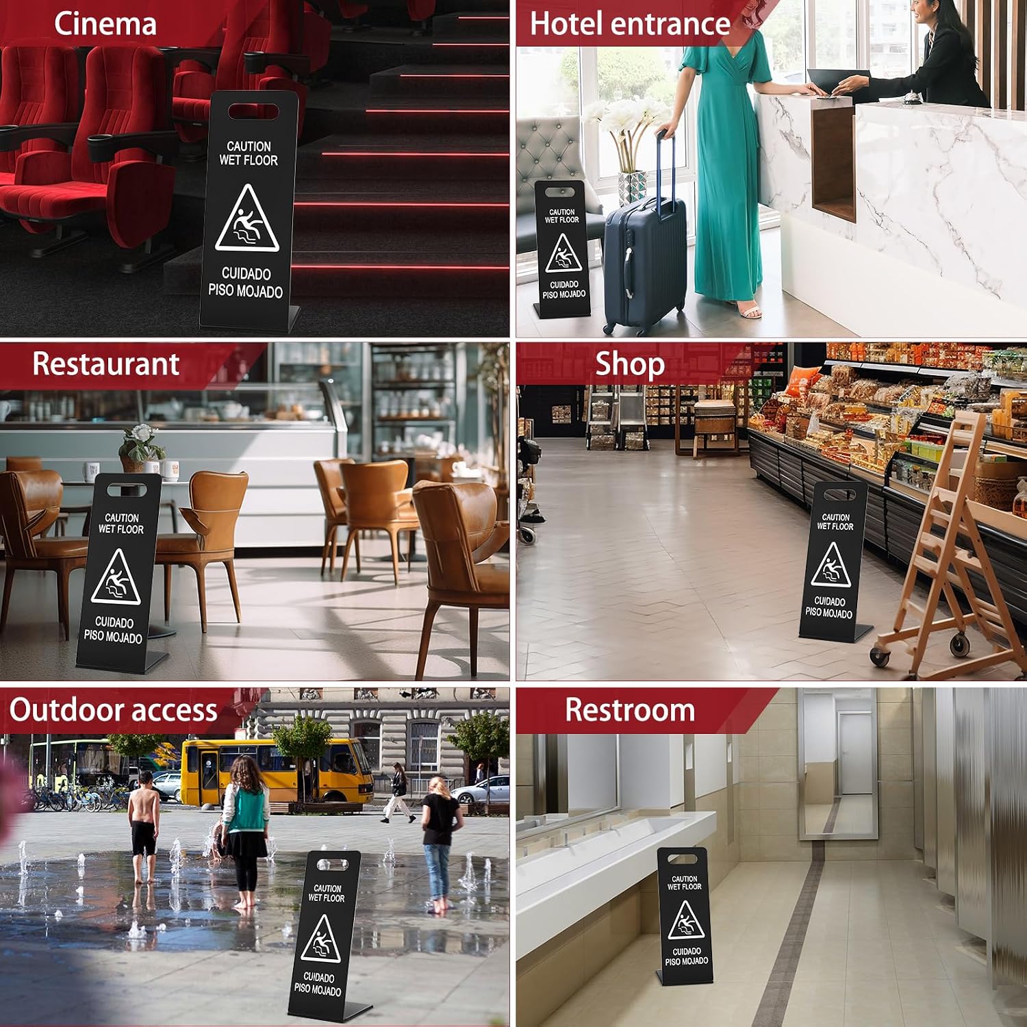 2 Pcs Stainless Steel Caution Wet Floor Sign 22 Inch Heavy Duty Bilingual Wet Floor Sign Portable L-frame Safety