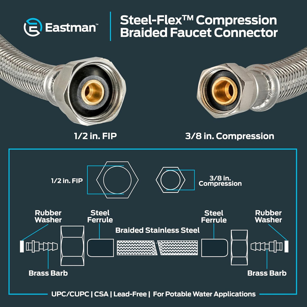 12 inch Steel-Flex Braided Faucet Connector, 1/2 Inch FIP x 3/8 Inch Compression, Stainless Steel Faucet Supply Line