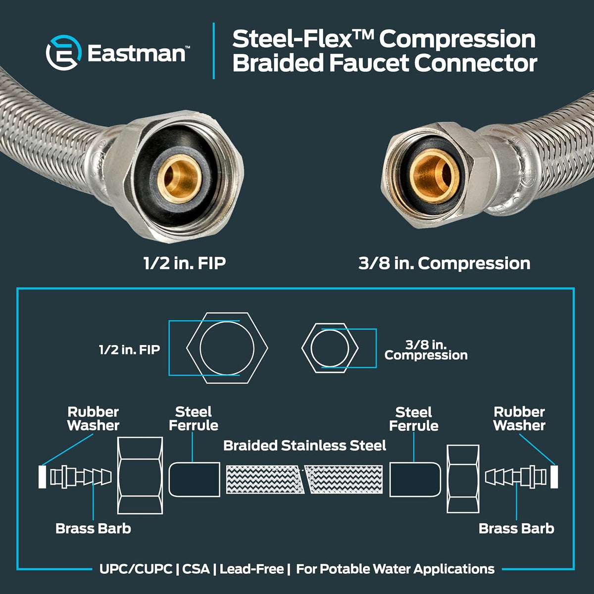 12 inch Steel-Flex Braided Faucet Connector, 1/2 Inch FIP x 3/8 Inch Compression, Stainless Steel Faucet Supply Line