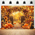 7 x 5 ft Fall Backdrop Autumn Sunflower Arch Forest Leaves Pumpkins Scenery Rustic Trail Harvest Photography