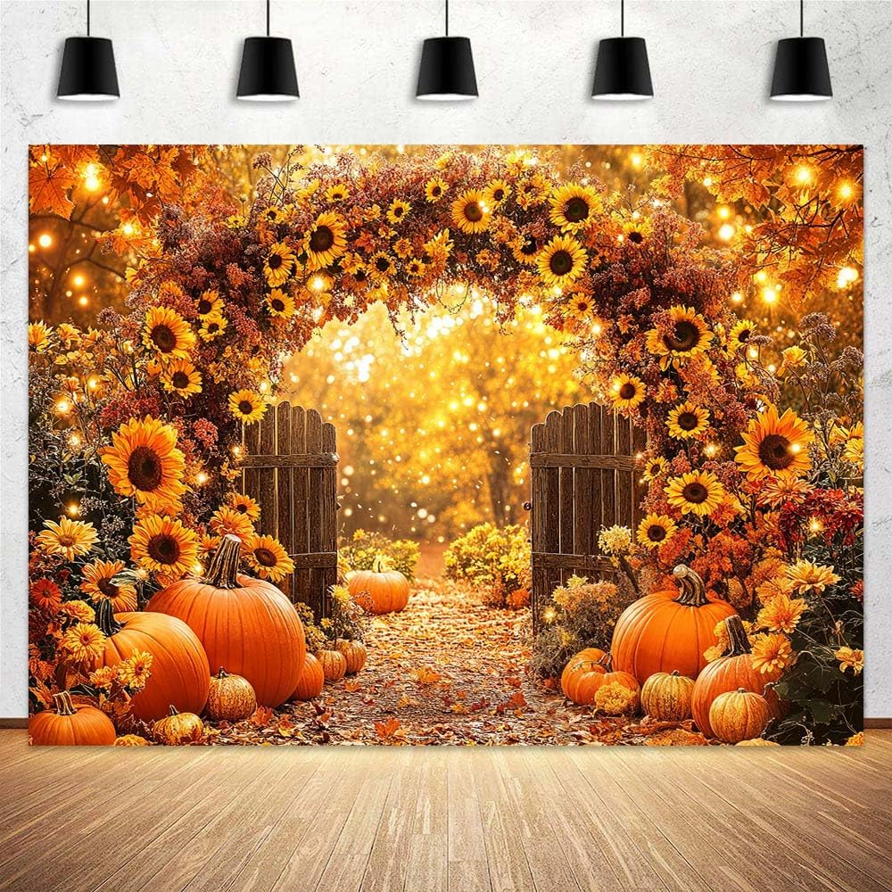 7 x 5 ft Fall Backdrop Autumn Sunflower Arch Forest Leaves Pumpkins Scenery Rustic Trail Harvest Photography