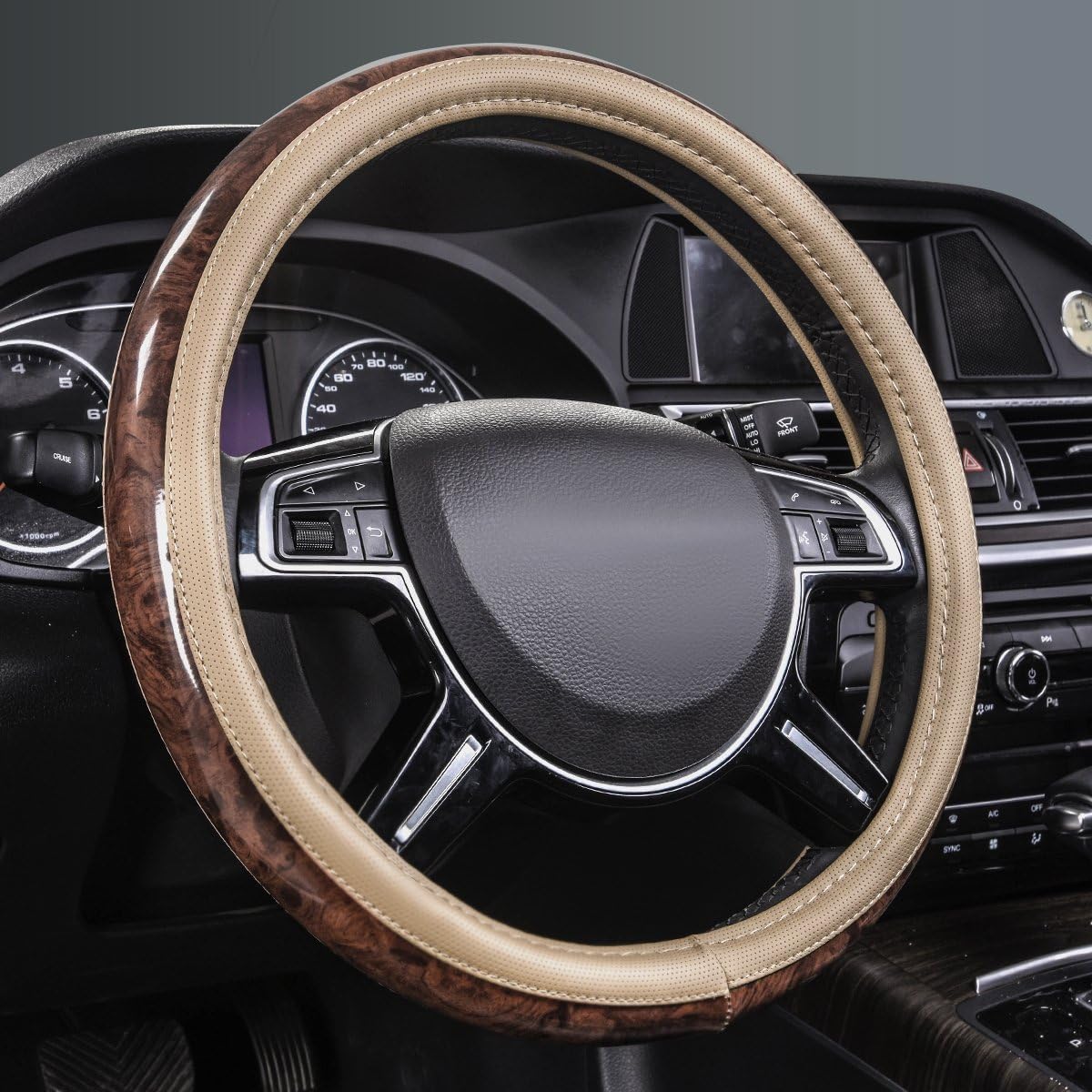 Wood Grain 14.5-15 inch Microfiber Leather Steering Wheel Cover, Anti-Slip Veins Design Steering Wheel Universal Fit