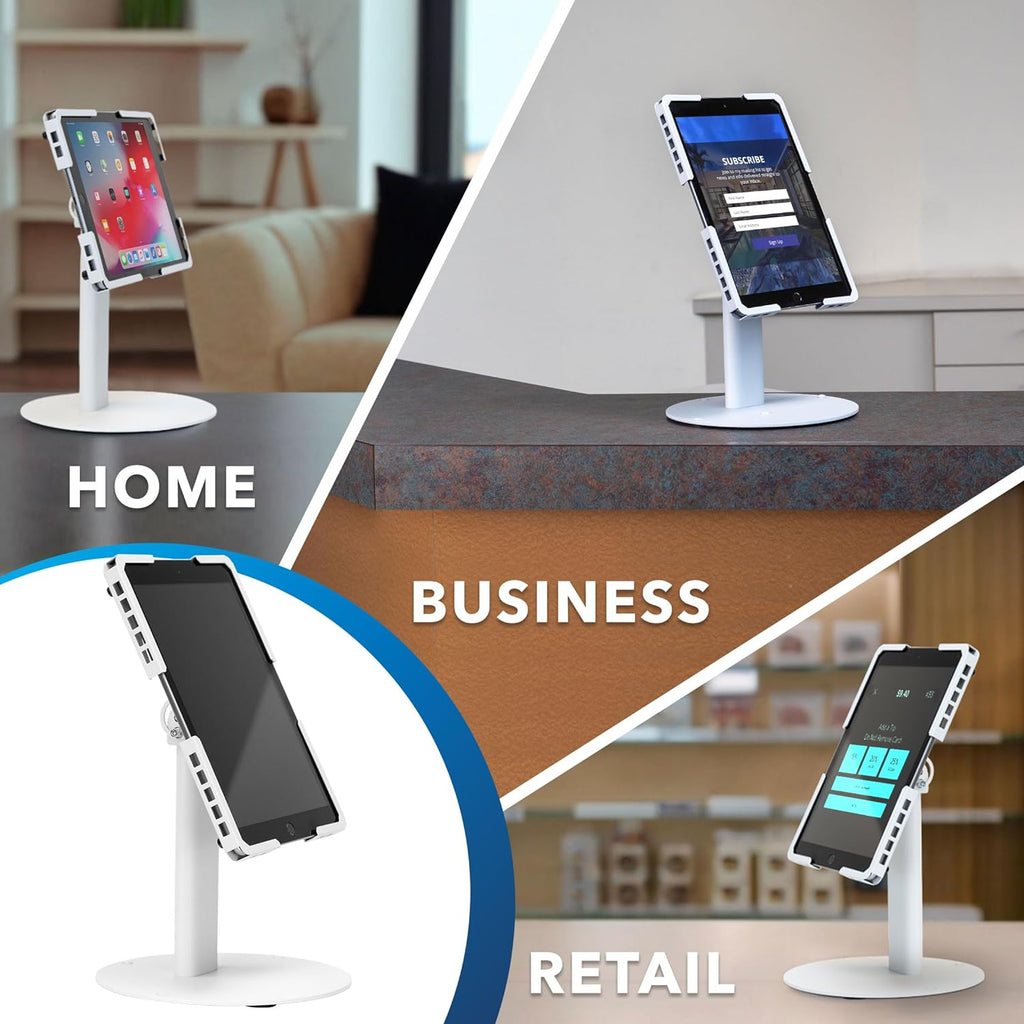 Universal Tablet Stand with Tilt, Anti-Theft Retail iPad POS Kiosk Stand, Fits 9.7"–13.1" Tablets, 90° Rotation &