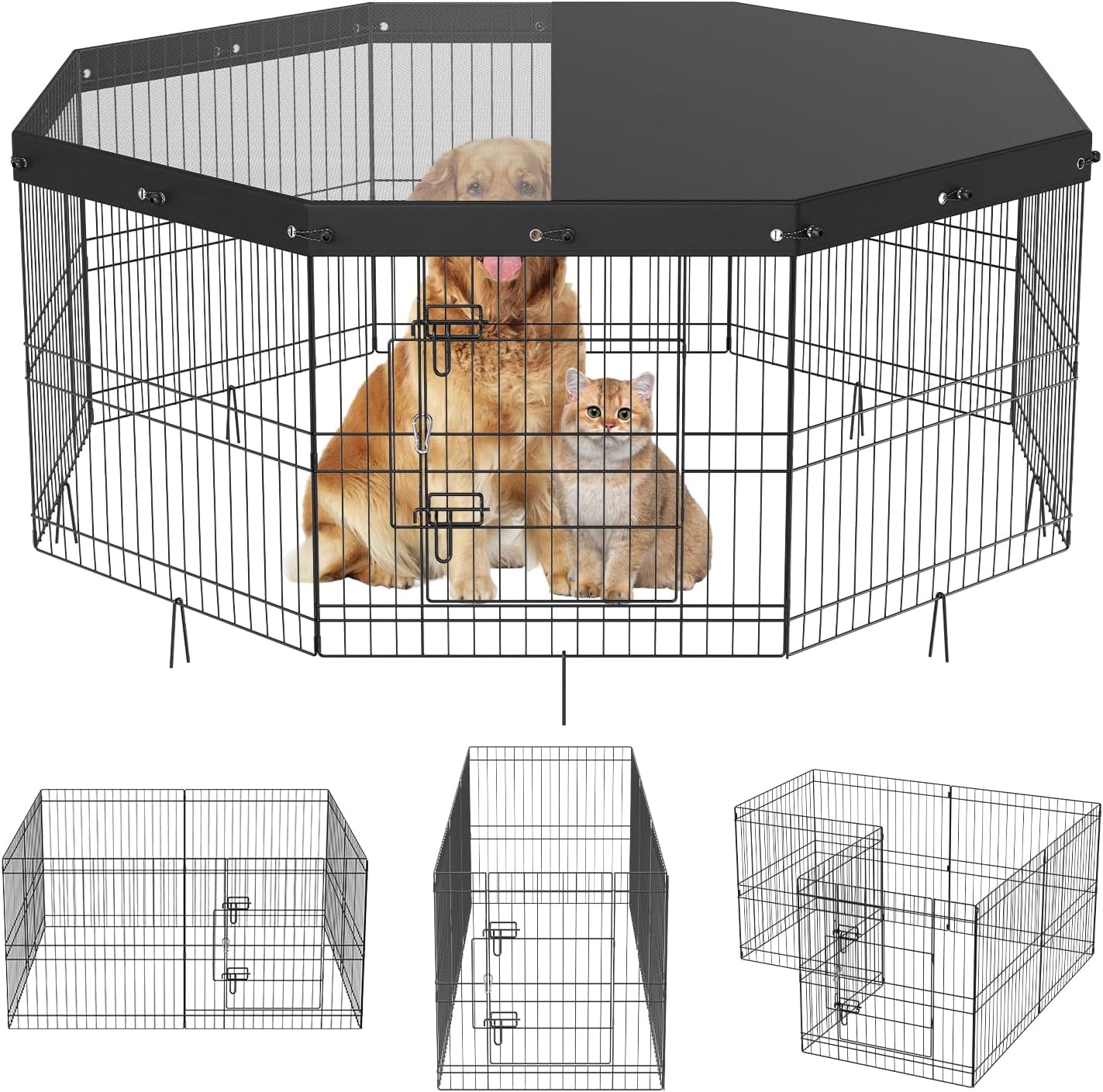 Foldable Metal Dog Exercise Pen, Pet Puppy Playpen Yard Fence with Top Cover & Door, Indoor Outdoor 8 Panels 24" W x