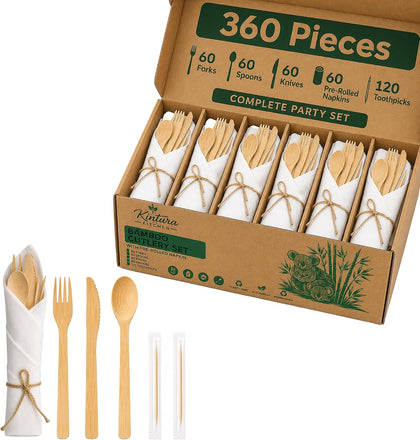 Premium Pre-Rolled Bamboo Cutlery Set, 360 Pcs Disposable Wooden Silverware with Napkins - 60 Forks