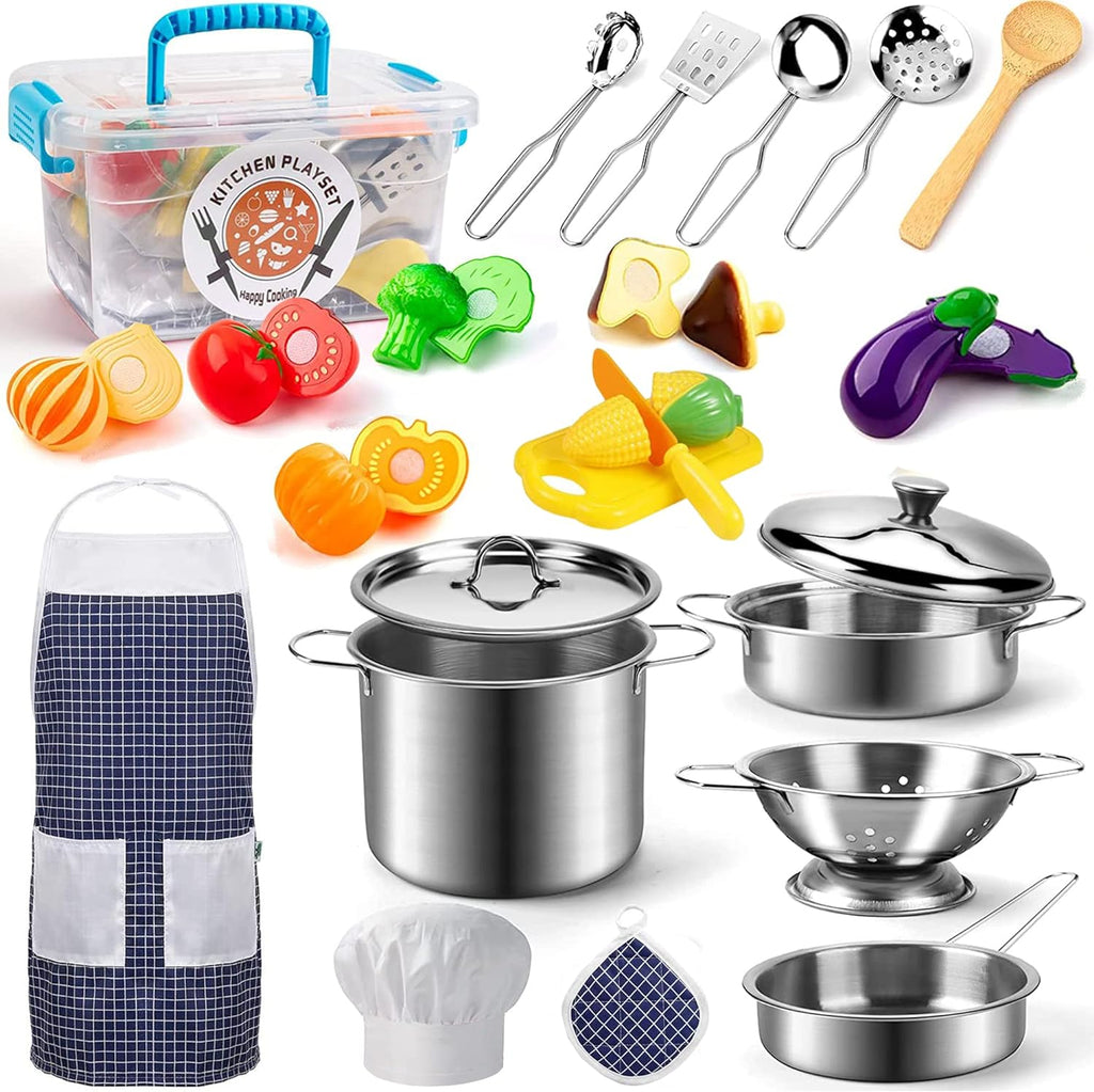 Play Kitchen Accessories, Kids Kitchen Pretend Play Toys, Kitchen Set with Stainless Steel Cooking Utensils Cookware
